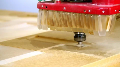 Close-up. special machine cuts facades, details from MDF and wood boards Video stock 112630990