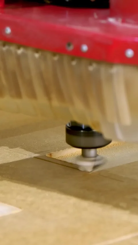 Close-up. special machine cuts facades, details from MDF and wood boards. Stock Footage 318808500