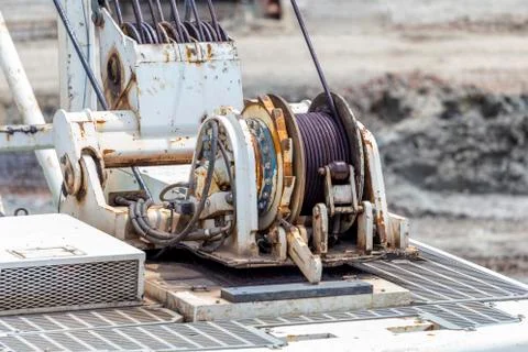 Close of special machine with metal cable crane winch Stock Photos