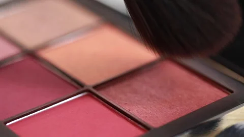Close up of a special makeup brush taking blush to apply. Video stock 143556893
