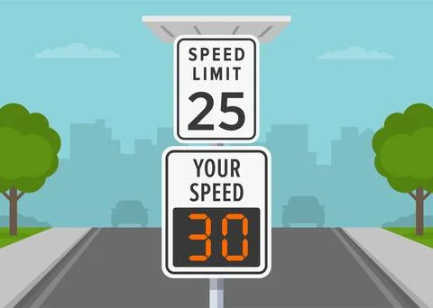 Close-up of speed limit and radar sign with solar panel. City road view. Stock Illustration