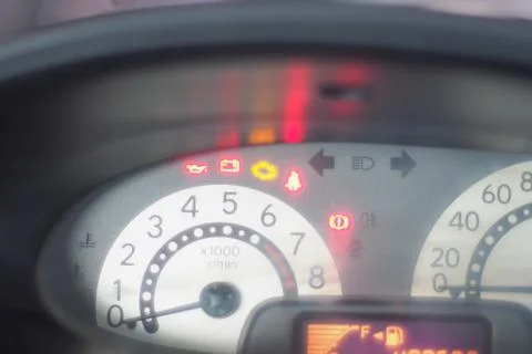 Close-up on speedometer in dashboard car. Speed gauge meter. Travel abstract  Stock Photos