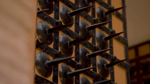 Close-up of spiked iron gate detail at Naukot Fort in Thar Desert, Sindh Stock Footage 328402194