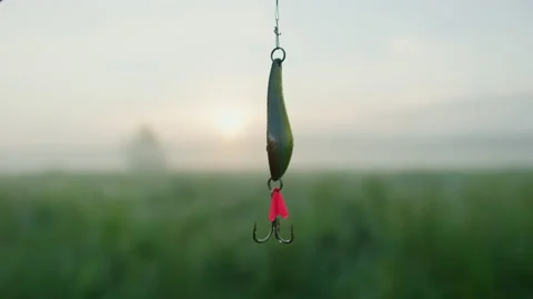 Close-up of a spinner with a hook on the background of a morning lake in summer Stock Footage 219776400