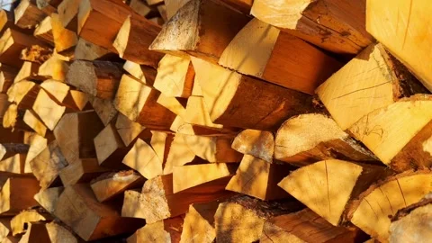 Close-up of split firewood stacked in warm golden sunlight, showing dry logs Stock Footage 336089190