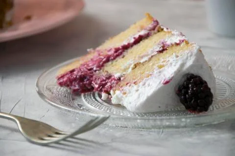 Close up of a sponge cake portion filled with whipped cream and berries sauce Stock Photos