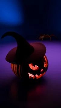 Close up spooky pumpkin with witch hat glowing in the dark Stock Illustration