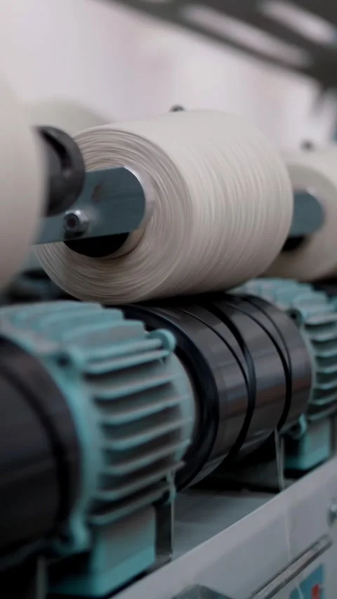 Close-up spools of yarn thread. Textile factory equipment. Threads production. Stock Footage 319099669