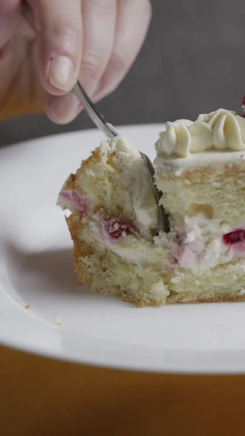 Close-up of Spoon Scooping Fruit Cream Cake Stock Footage 335964062