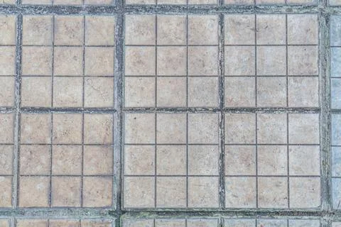 Close-up of a square, dark grout-lined beigebrown tiled floor with slight s.. Stock Photos