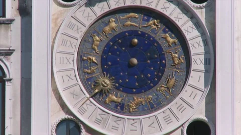Close up of St Mark's Clock Tower, Venice, Veneto, Italy Stock Footage 74338592