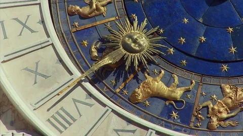Close up of St Mark's Clock Tower, Venice, Veneto, Italy Stock Footage 74338740