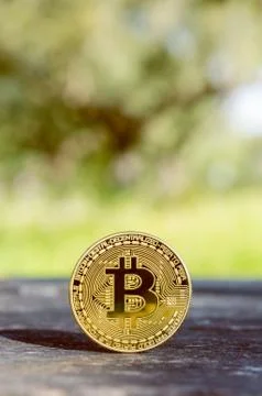 Close up stack of bitcoin on old wood table with nature copy space background Foto stock