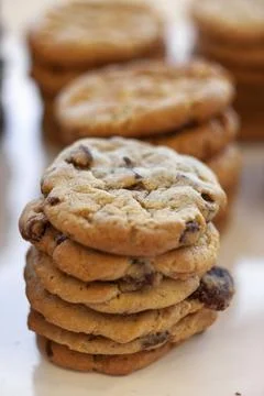 Close up on stack of chocolate chip cookies 스톡 사진
