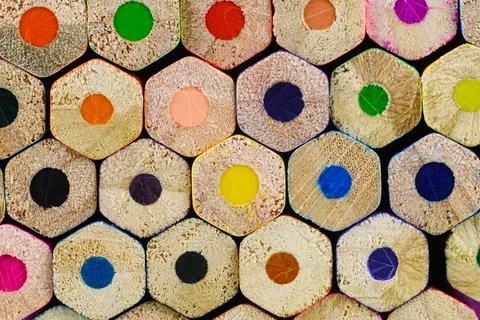 Close-up of a stack of colored pencils, artistic background. Stock Photos