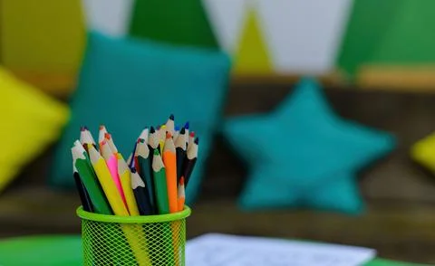 Close-up stack of colored pencils in a stationery glass Stock Photos