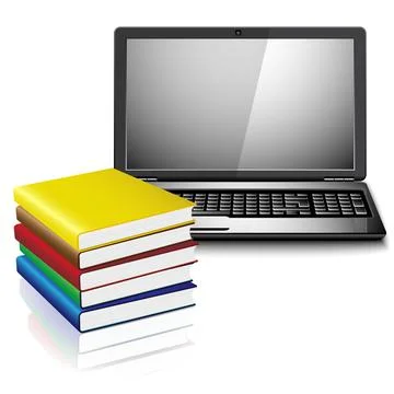 Close up of stack of colorful books and laptop Stock Illustration