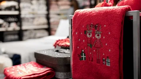 Close-up of stack of cotton terry bright christmas towels in the mall. Stock Footage 145293846