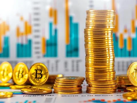 A close-up of a stack of gold coins growing in height, set against a blurred  Foto stock