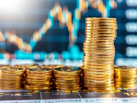 A close-up of a stack of gold coins growing in height, set against a blurred  Stock Photos
