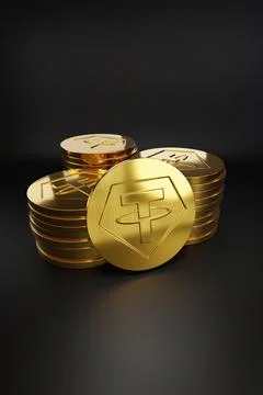 Close up of Stack of golden Tether USDT coins. 3d iluustration. Stock Photos
