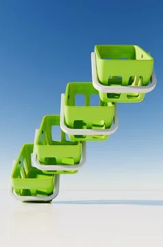 Close up of stack of grocery baskets from supermarket. 3d rendering illustrat 스톡 일러스트