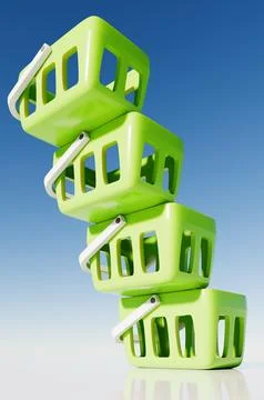 Close up of stack of grocery baskets from supermarket. 3d rendering illustrat 库存插图