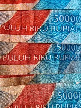 Close up Stack of Indonesian Fifty Thousand Rupiah Banknotes Stockfoto's
