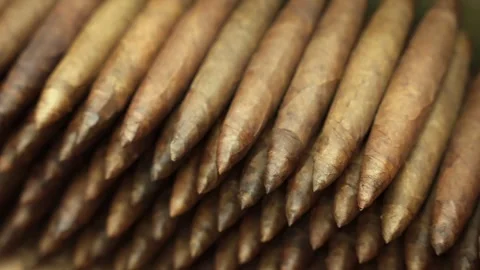 Close-up of stack of many just rolled handmade most expensive perfecto cigars Stock Footage 246805381