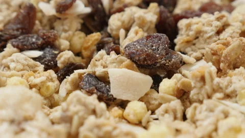 Close up of stack of oat cereal breakfast Stock Footage 133605029