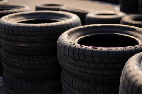 Close up stack of old car tires Stock Photos