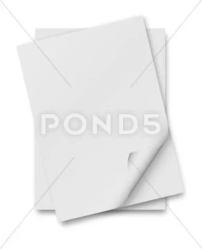 Close up of stack of papers with curl on white background Stock-Fotos