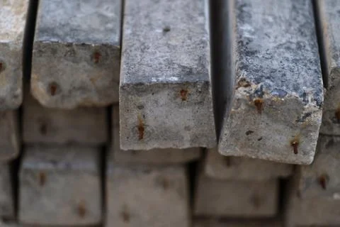 Close up Stack of precast reinforced concrete slabs background Stock Photos