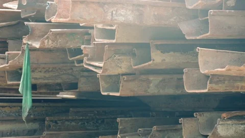 Close-up stack sheet piles steel in construction site Stock Footage 107720865