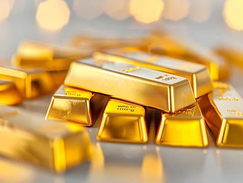 Close-up of a stack of shiny gold bars, reflecting light with a bokeh backgro Stock Photos
