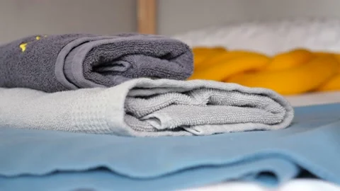 Close up of stack of shower towel on table. Stock Footage 238644028