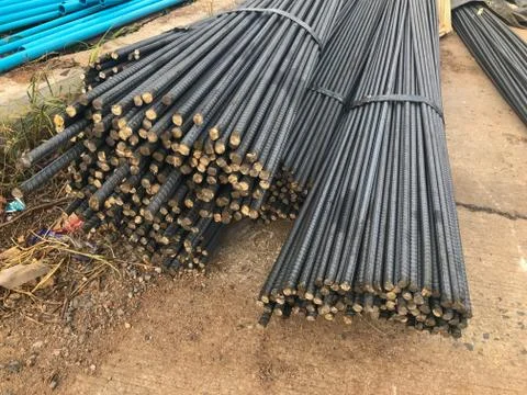 Close up Stack of steel bar at construction site Stock Photos