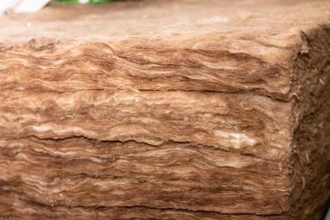 Close up of a stack of thermal insulation mineral boards or glass wool. Copy  Foto stock