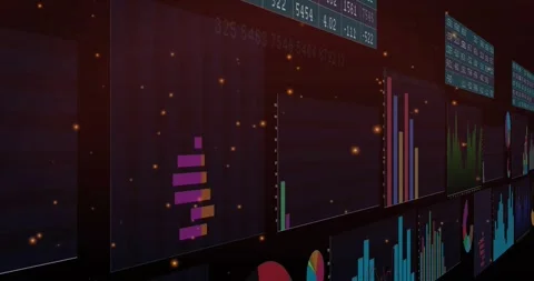Close stacked bar starting camera panning right along data panels showing chart Stock Footage 320651491
