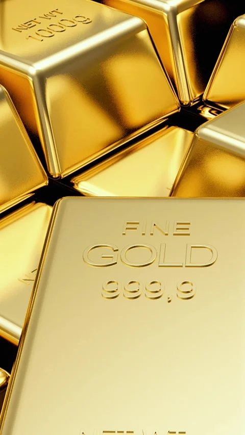 A close-up of stacked bars of pure gold in 3D render. Stock Footage 340637759