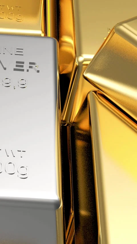 Close-up of stacked gold and silver bars in 3D rendering. 库存影片 338286806