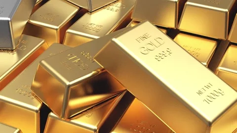 Close-up of stacked gold bars with one silver bar in 3D animation Stockbeeldmateriaal 344058295