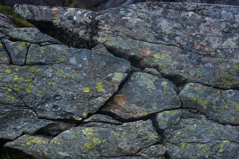 Close-up of stacked stone wall with lichen and moss coverage, Norway Foto stock