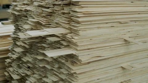 Close-up of Stacked Thin Wood Planks on Pallet in Factory Stock Footage 332293685