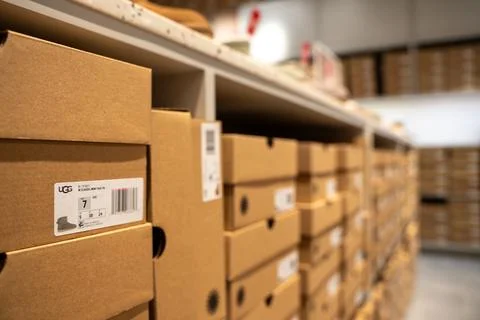 Close up of stacked UGG shoe boxes. Toronto, Canada - July 13, 2026. Stock Photos