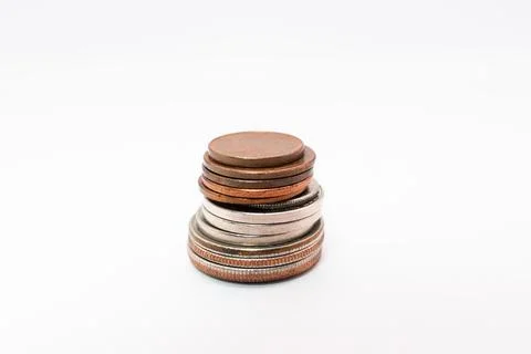 Close up of stacking coins on white background, USA one cent, US dollars, Money Foto stock