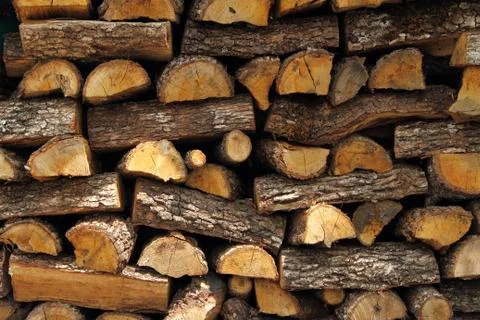 Close up of stacks of chopped logs Stock Photos