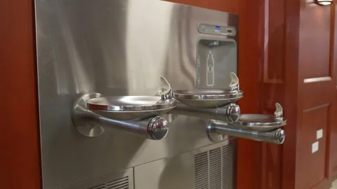 Close Up of Stainless Steel Public Drinking Fountains and Water Refill Station Stock-Footage 340838400