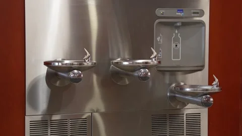 Close Up of Stainless Steel Public Drinking Fountains and Water Refill Station Stock-Footage 340838533