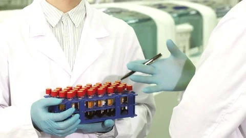 Close-up of a stand with test tubes, which is held by a laboratory assistant Stock-Footage 84866544